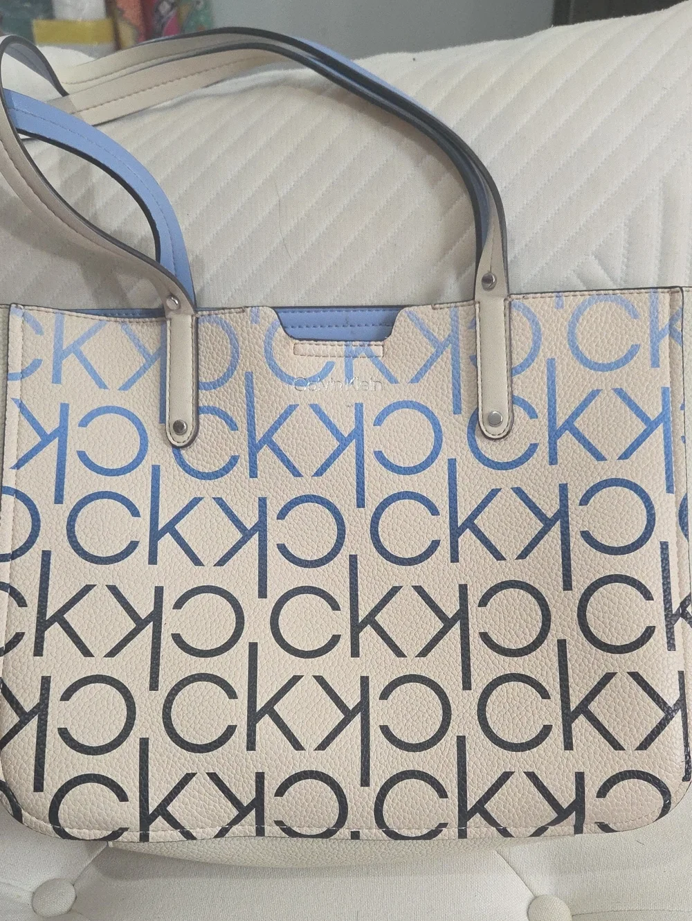 Calvin Klein Cream Tote with Blue CK Monogram